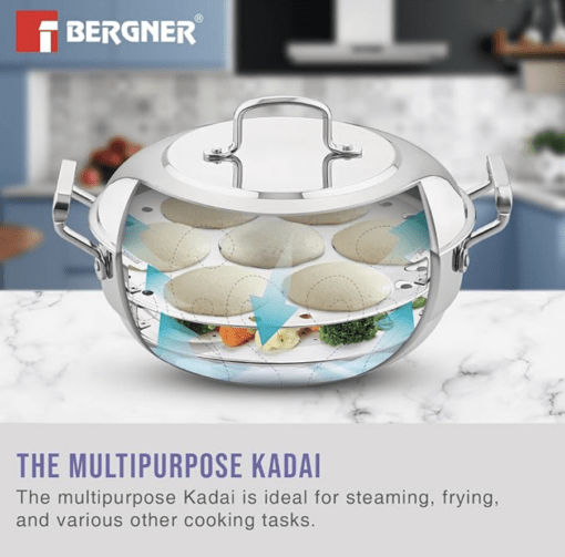Bergner BE Bergner Essentials Triply Stainless Steel 27cm Multi Kadai - 2 Pcs Idli Plates, 1 Pc Appam Plate with 19 Cavities, 1 Pc Patra Plate and 1 Pc Steam Plate, Less Cooking Oil - Induction Bottom Material	Stainless Steel Colour	Silver Brand	BERGNER Shape	Round Item Weight	3.16 Kilograms About this item 👌🏻Versatile Functionality : Cook a wide range of dishes, including idli, appam, patra, and dhokala, all in one convenient pot 💪🏻Healthy Cooking : Tri-ply construction ensures even heat distribution, reducing the need for excessive oil and promoting healthier meals ✅Durable and Long-Lasting : Made from high-quality stainless steel, this kadai is built to last, providing years of reliable service ♨️Induction Compatible : Suitable for all stovetops, including induction, making it a versatile addition to any kitchen 🎁Complete Set : Includes 2 idli plates, 2 dhokala plates, 1 appam plate with 19 cavities, 1 patra plate, and 1 steam plate, offering everything you need for a variety of dishes 🫓High-Quality Lid : The stainless steel dome-shaped lid with a flat knob provides a secure seal and easy handling ✨Stylish Design : The inside matt finish ensures easy cleaning, while the outside shiny finish adds a touch of elegance to your kitchen - Image 3